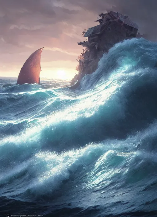 Prompt: waves keep crashing me by, photorealistic movie still by michael komarck, greg rutkowski, victo ngai, artgerm, willem claesz heda and j. dickenson