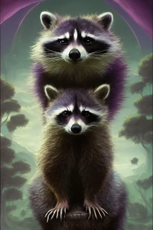 Prompt: purple stelar raccoon by andreas rocha and john howe, and Martin Johnson Heade, featured on artstation, featured on behance, golden ratio, f32, well composed, cohesive