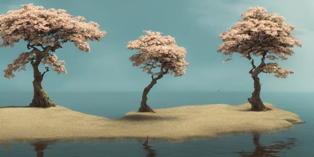 Image similar to a single sakura tree growing upon an island in a lake, illustration, light beams, digital art, oil painting, fantasy, 8 k, trending on artstation, detailed