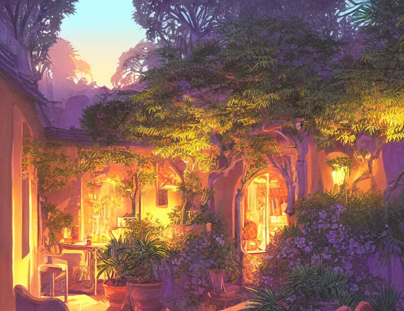 Prompt: dusk at the oasis. gouache painting by award - winning mangaka, chiaroscuro, bloom, backlighting, intricate details