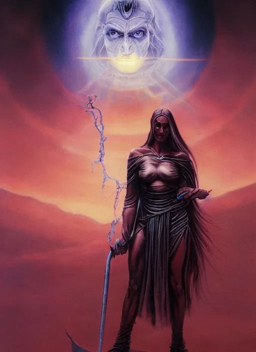 Prompt: biblical hell beautiful female witch android, shiva, storm, glowing veins, in clouds, sunset, portrait by wayne barlowe, by peter elson, muted colors, by frank frazetta, extreme detail, reflections, trending on artstation, 8 k
