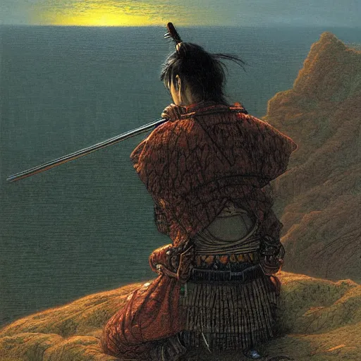 Image similar to a samurai looking into the horizon on a cliff, golden hour, dramatic lighting, fluid, smooth, bright, colours, high contrast, sharpness, very detailed, intricate, by donato giancola, gustave dore and junji ito