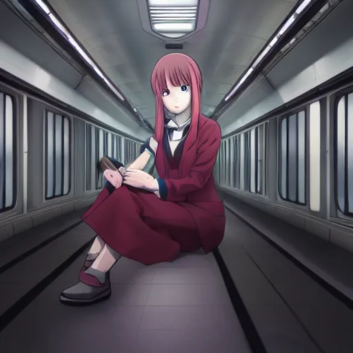 Prompt: portrait of the lone girl sitting in an empty train carriage, anime fantasy illustration by tomoyuki yamasaki, kyoto studio, madhouse, ufotable, trending on artstation