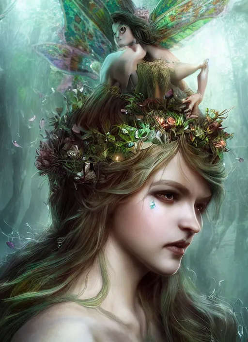 Prompt: beautiful beautiful fairy faerie fey fae queen forest spirit highly detailed CGsociety subtle enchanting alluring magical concept art HDR hyper realistic volumetric lighting subsurface scattering unreal