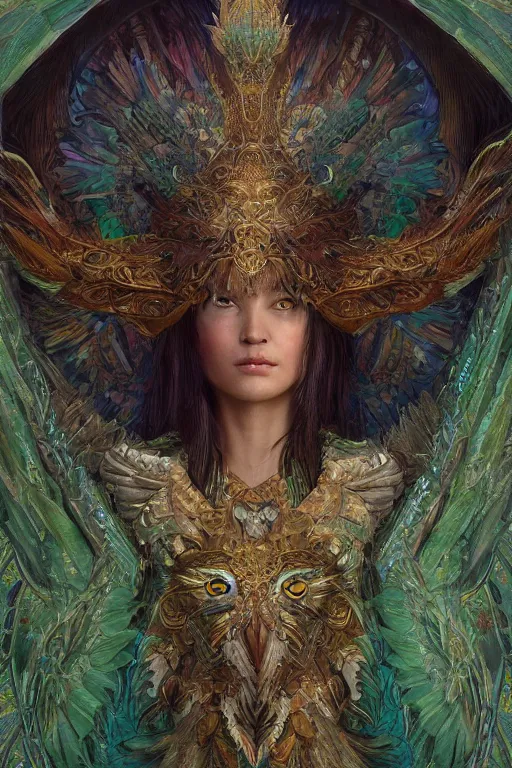 Image similar to a beautiful upper body shot from a fantasy film of a humanoid iridescent green owlbear wearing a loose tunic. an anthropomorphic phoenix. fantasy, frown, intricate, elegant, highly detailed, digital painting, artstation, concept art, matte, sharp focus, illustration, art by artgerm and greg rutkowski and alphonse mucha