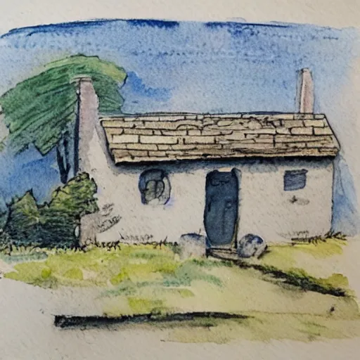 Image similar to a watercolor and ink painting of a cottage, drawn on white parchment paper