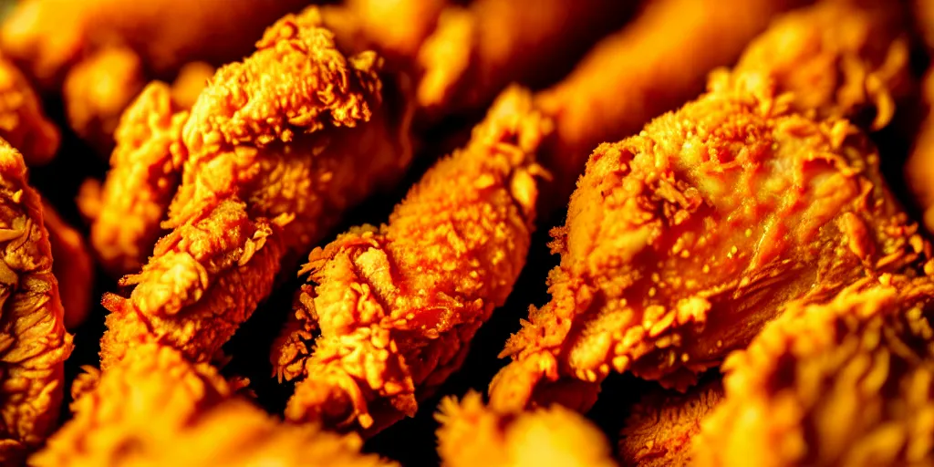 Prompt: photo of fried chicken, close - up, low saturation