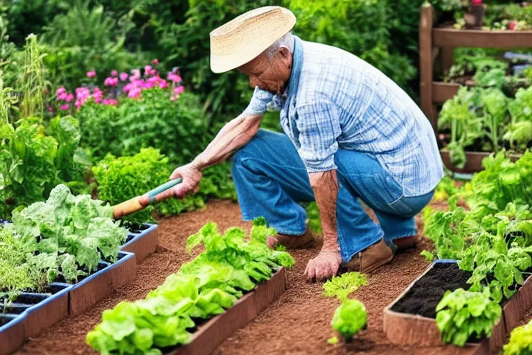 Prompt: 6 0 year old man wearing a straw hat and a flannel shirt looking down to the ground kneeling beside a healthy luscious beautiful vegetable garden with gardening tool leaning by his side