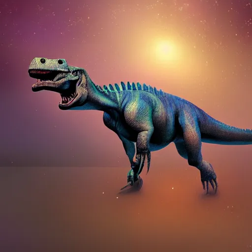 Prompt: a hyper realistic digital painting of a dinosaur in an space