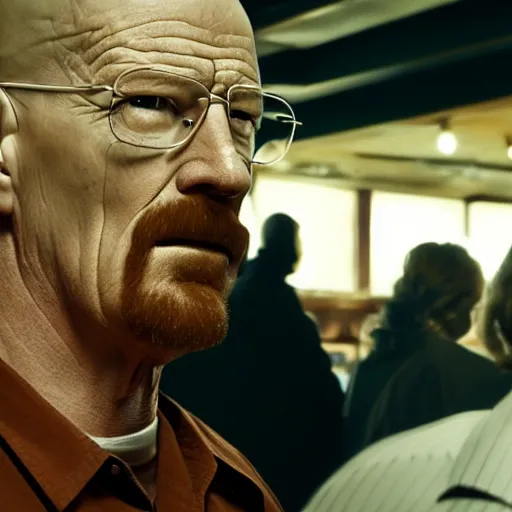 Image similar to Walter white in a crowded bar, he is drinking, closeup, dimly lit, 8k, realistic