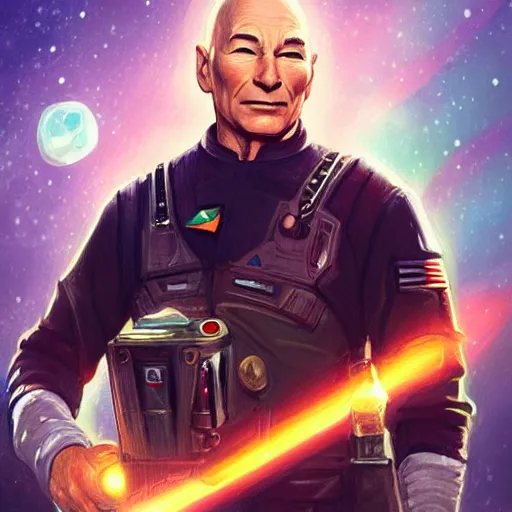 Prompt: a beautiful portrait of Patrick Stewart a space bounty hunter by Thomas Kinkade trending on Artstation