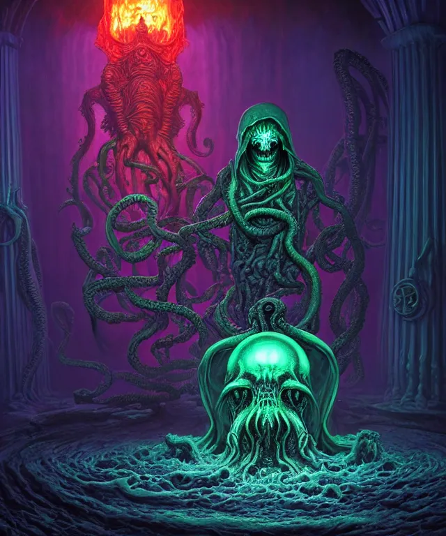 Prompt: hooded necromancer in front of a cthulhu within a viscosity fluid lovecraft portal, digital art by dan mumford and peter mohrbacher and wayne barlowe, intricate detail, subsurface scattering, ray tracing, unreal engine, octane render, synthwave color scheme