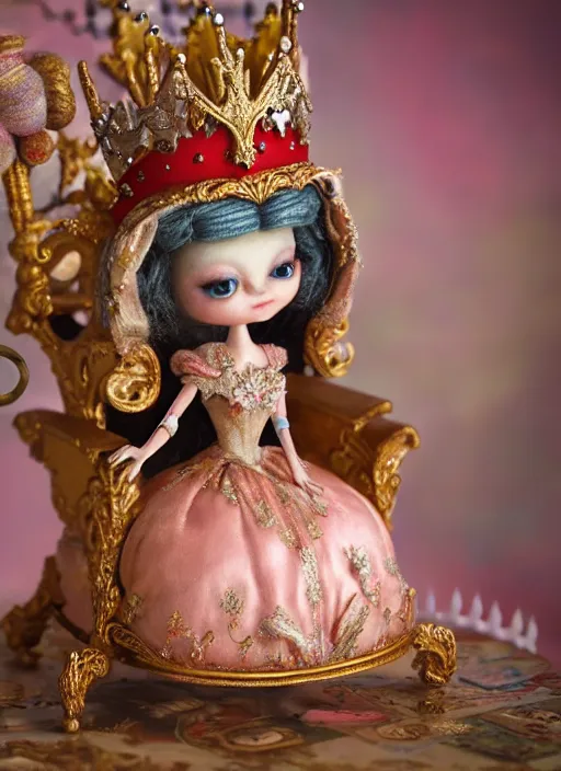 Image similar to highly detailed closeup, portrait of a tin toy fairytale princess wearing a crown and sitting on a throne eating cakes, unreal engine, nicoletta ceccoli, mark ryden, earl norem, lostfish, global illumination, detailed and intricate environment