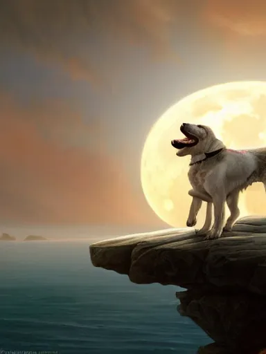 Prompt: two dogs howling at the moon, looking at the ocean the ocean. intricate, elegant, highly detailed, digital painting, artstation, concept art, sharp focus, illustration, by justin gerard and artgerm, 8 k