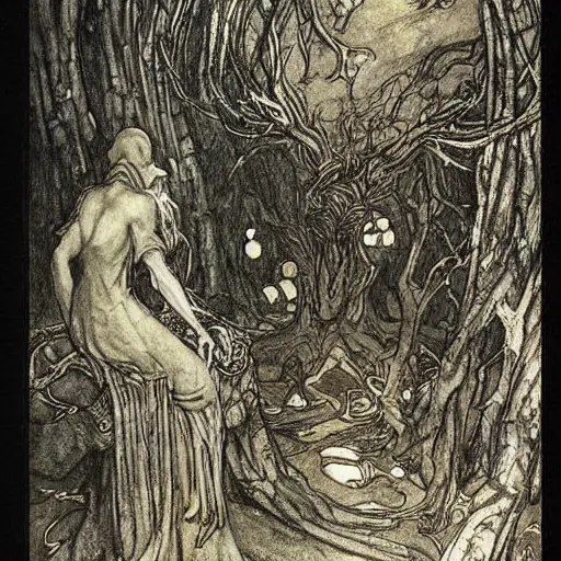 Image similar to once upon a midnight dreary, while i pondered, weak and weary, over many a quaint and curious volume of forgotten lore, by arthur rackham, highly detailed,