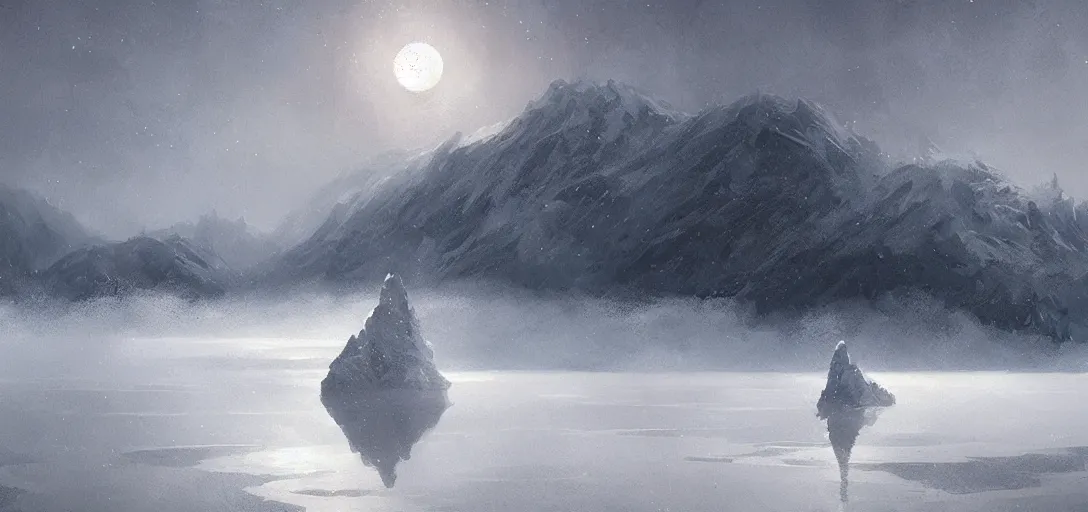 Prompt: lake in a totally white place with a moon in style of greg rutkowski, trending on artstation