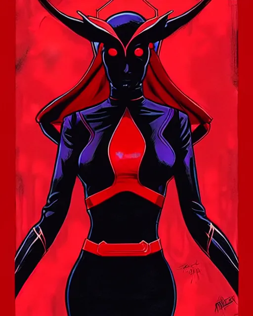 Prompt: rafael albuquerque comic art, peter mohrbacher, phil noto, artgerm, pretty evil elizabeth olson scarlet witch comics, black and red dress, symmetrical eyes