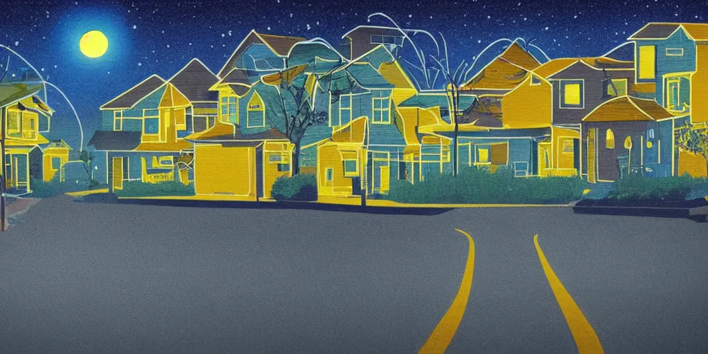 Prompt: suburban street at night, cool color scheme, radioactive light streaming out of the windows of houses, midnight blue sky, shining yellow moon, isolated, empty street, liminal space, mural, 1980s airbrush style