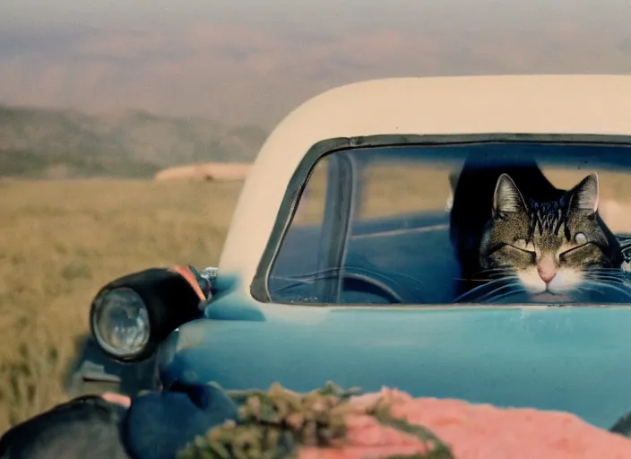 Prompt: A very high resolution image from a new movie, a cat driving a car around, inside of a car , mountains, Polaroid, directed by wes anderson