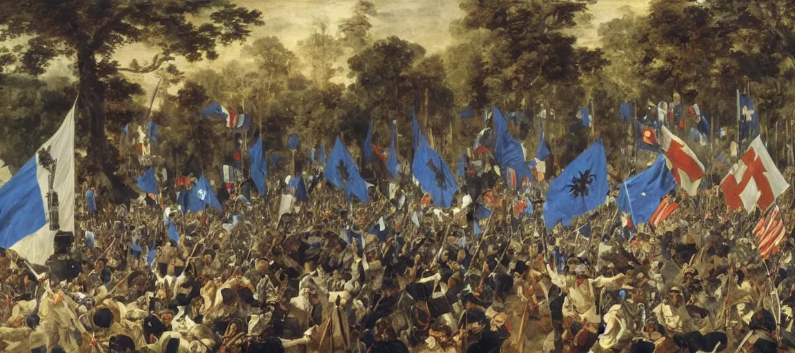 Image similar to flag, quebec fleurdelise, blue fleur - de - lis, liberty leading the people, french revolution, eugene delacroix, jedi, lightsaber, ewoks, at - st, tie - fighter, endor forest, oil on canvas