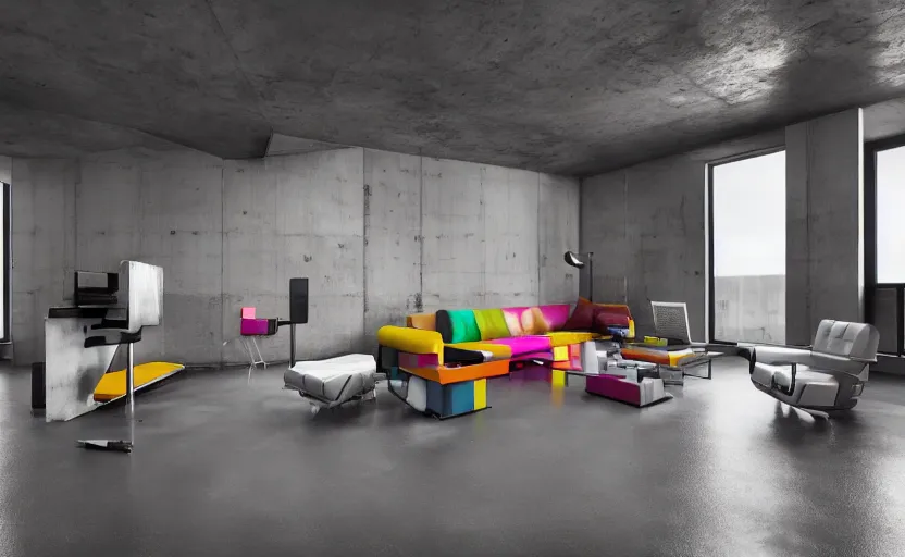 Image similar to Interior shot of a futuristic brutalist studio apartment with computers made out of concrete and with glossy concrete floor and colorfull furnitures by Petros Afshar and Beeple, James Gilleard, Mark Ryden, Wolfgang Lettl highly detailed