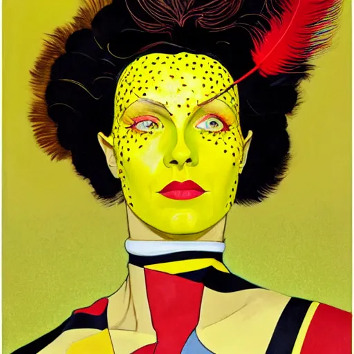 Image similar to art by joshua middleton, a medium shot portrait of the golden creeper, a tall manically smiling yellow - skinned woman with green and black striped cycling shorts and wearing a long red and black striped ostrich feather boa, yellow makeup, mucha, kandinsky, poster, art deco motifs, comic art, stylised design, scarlet feather boa