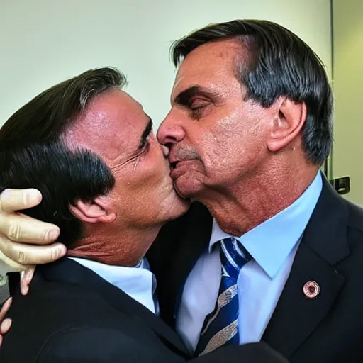 Prompt: photo of Jair Bolsonaro kissing Lula