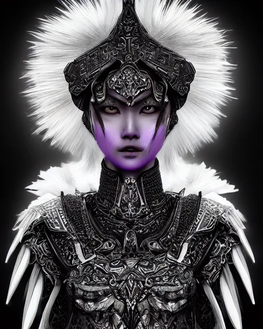 Image similar to Detailed portrait of the strangest angel, black and white armor, unique design, by Yun Taek Oh, fine details, pretty face, beautiful violet eyes, inside a palace, perfect, colorful background, 8k high detail, intricate, sharp focus, masterpiece, trending on artstation