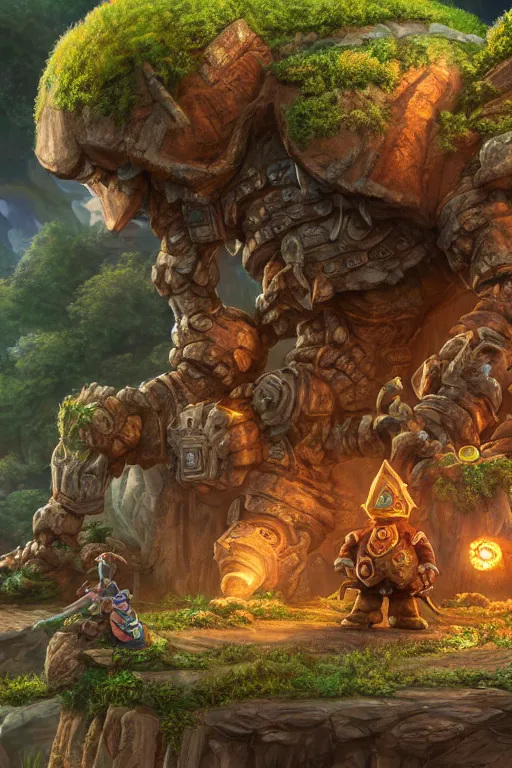 Image similar to zelda fantasy art giant golem troll wood rock greeble gemstone, global illumination ray tracing hdr fanart arstation by sung choi and eric pfeiffer and gabriel garza and casper konefal