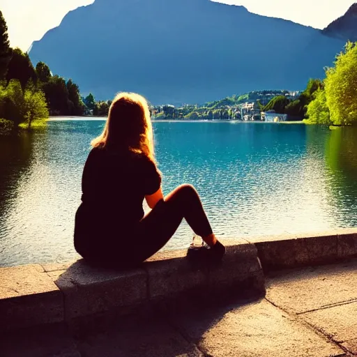 Prompt: woman sitting on a small wall at the lake of annecy, looking at the mountains in the distance. city photography, beautiful lighting