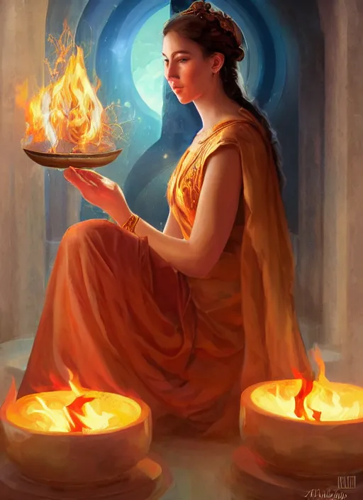 Image similar to Portrait of a beautiful priestess from the oracle of Delphi, looking into the flames, greek mythology, in the style of Julia Ustinovich, digital art, Vladimir Volegov
