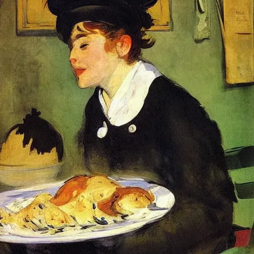 Image similar to a chicken chef in the kitchen, Edouard Manet, painting, funny,