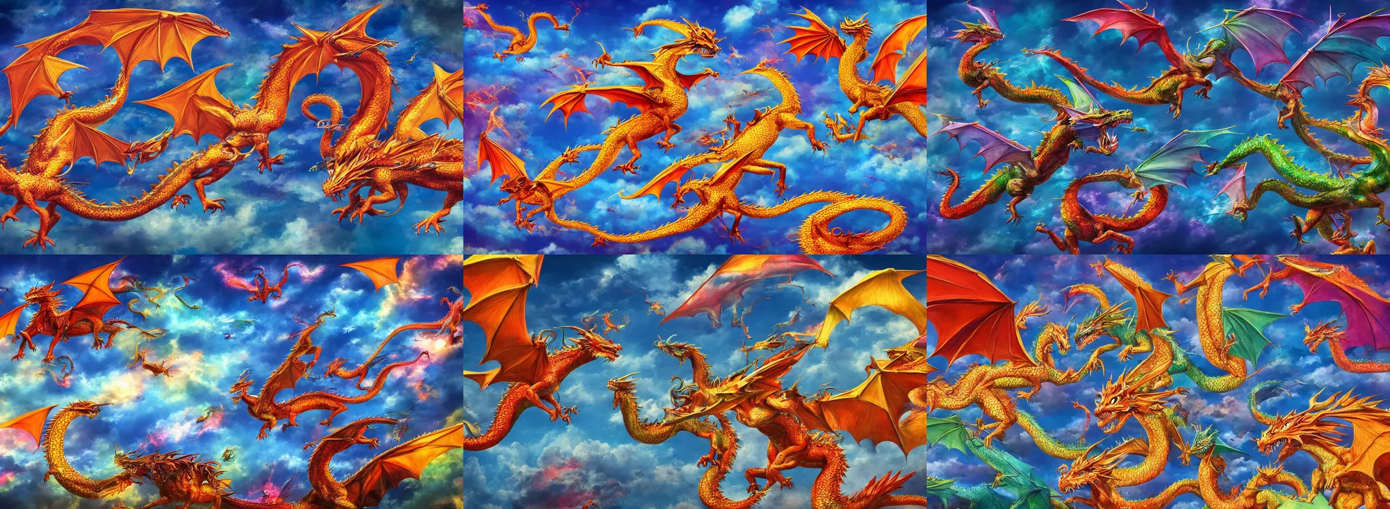 Prompt: many colorful dragons flying in the sky, photorealistic, highly detailed, 4k