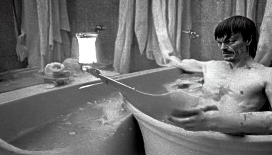 Prompt: 1 9 6 0 s movie still by tarkovsky of marat stabbed in his bath, cinestill 8 0 0 t 3 5 mm b & w, high quality, heavy grain, high detail, panoramic, cinematic composition, dramatic light, anamorphic, jacques louis david style, raphael style, piranesi style, bloody