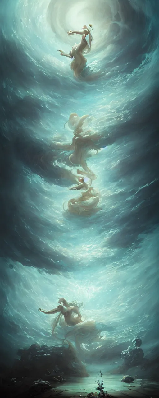 Prompt: underwater scene with an angel by peter mohrbacher