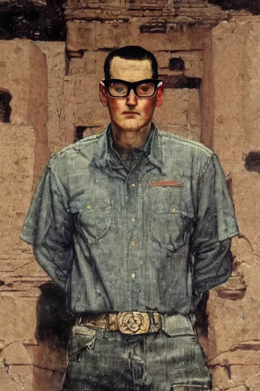 Image similar to a closer personal portrait of the zodiac killer, very charismatic. in the old ancient temple of luxor. masterpiece, dark. painted by norman rockwell and james gurney