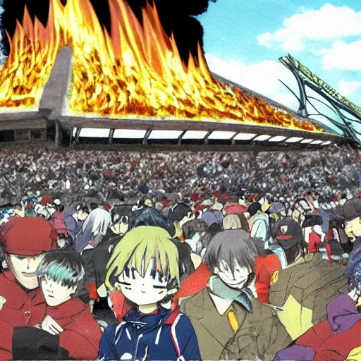 Image similar to a pile of anime being burned in the middle of comiskey park stadium
