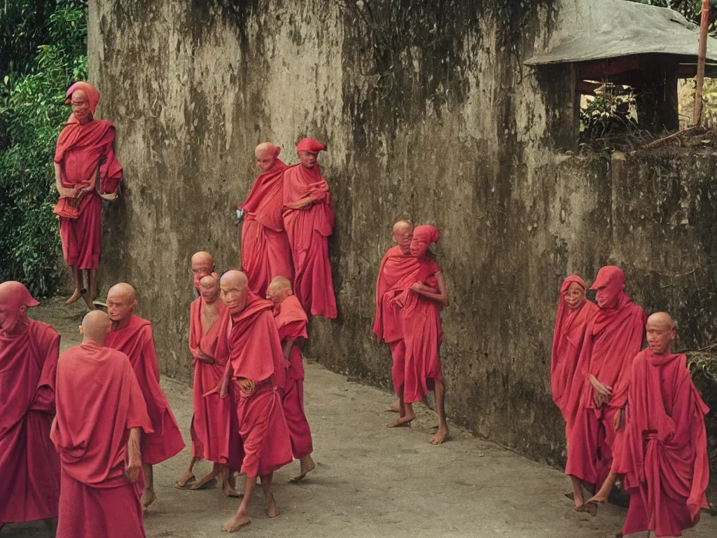 Image similar to 3 5 mm photography taken by harry gruyaert, pink monks in vietnam, sun and shadows, 1 9 7 0 s kodachrome colour photo