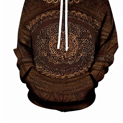 Image similar to batik, hoodie, dark brown, trendsetter, fashion of the year, fiction, stability, intricate, elegant, 8 k, uhd, justify, artstation, concept art, matte, sharp focus, illustration, consistent, highly detailed object content, proportional object content