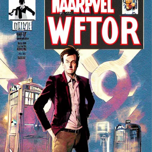 Image similar to A marvel comic book cover of the tenth doctor standing in front of the Tardis, daytime