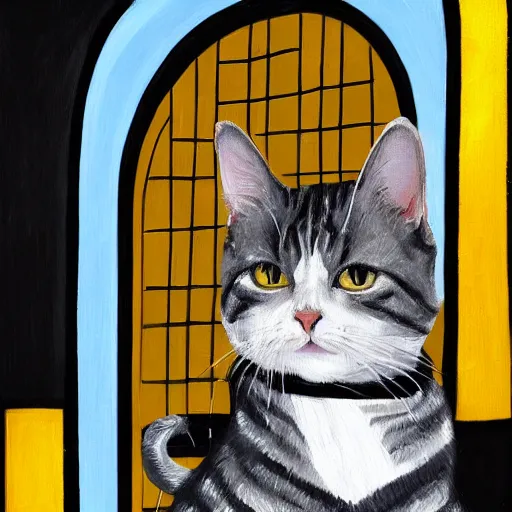 Prompt: oil painting wide shot from below of a white and grey tabby cat wearing a black yellow striped hufflepuff scarf, in front of hogwarts castle, digital painting, high detail, award-winning, playful, deep focus, realistic, hyperrealistic, magical