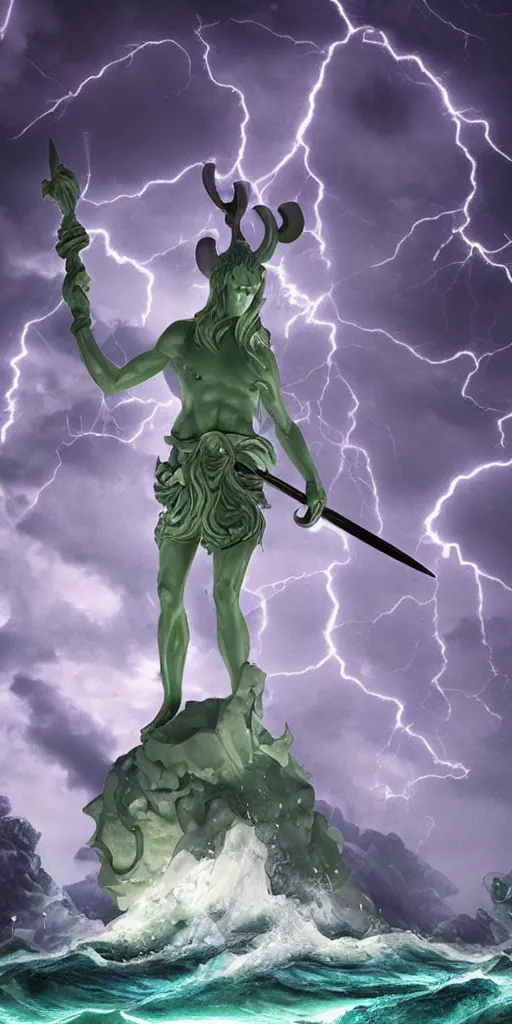 Image similar to gigantic marble statue of an alien of the sea wielding a trident on an island. roiling waves at the base. scene lit by lightning. thunderclouds in the background. fantasy setting. magicians praying to the statue. purples and greens. fantasy aesthetic. extremely detailed. 4 k. digital art.