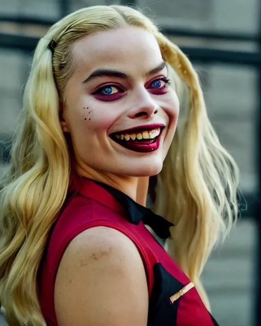 Image similar to 3 5 mm photo of elegant suicide squad margot robbie that looks like harley quinn, long blonde hair and big eyes, beautiful smile, finely detailed perfect face, standing on the wet street at sunset, ambient golden hour sunset lighting,