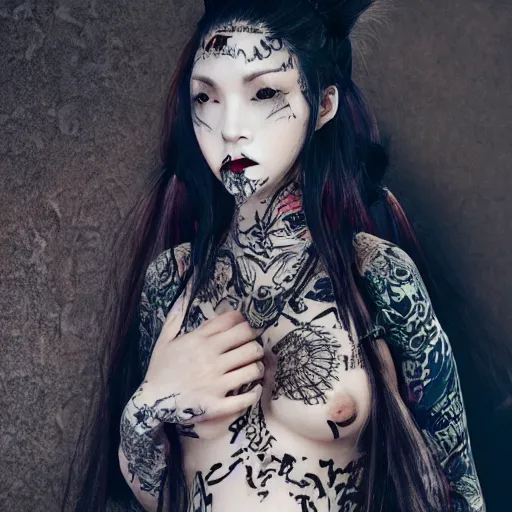 Image similar to japanese gothic model with maximalist hair style and kanji tattoos, dark colors, fashion model, portrait shot, depth of field, 8 k, hyper detailed, intricate, trending on artstation