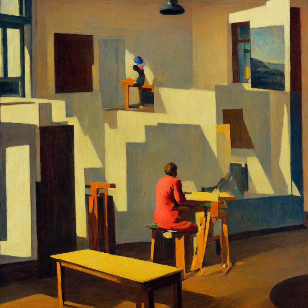 Image similar to painting of a artist, creating in his studio alone, in a huge studio, in the style of edward hopper