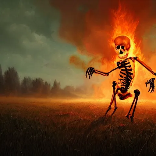 Prompt: digital painting of a skeleton on fire in the middle of a grass field, flames, at night, stunning, cinematic lighting, concept art by greg rutkowski and simon stalenhag, artstation, cinematic, masterpice, insanely detailed, very realistic