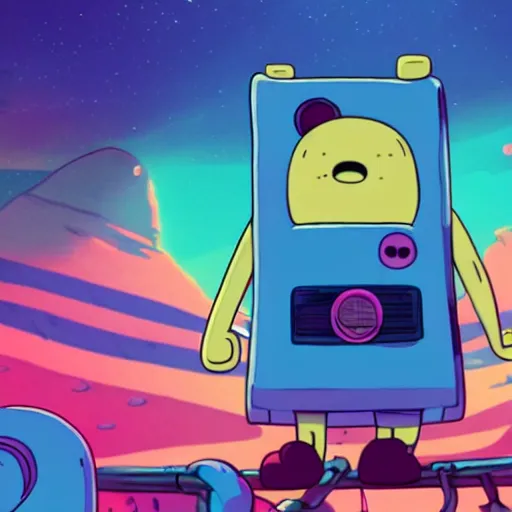 Image similar to Adventure Time Finn and Jake, synthwave, 4k, sharp, high details