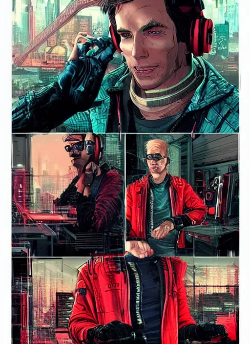 Image similar to scheming Anders. handsome cyberpunk nightclub owner wearing a cyberpunk headset and red jacket. handsome face. Realistic Proportions. Concept art by James Gurney and Laurie Greasley. Moody Industrial skyline. ArtstationHQ. Creative character design for cyberpunk 2077.