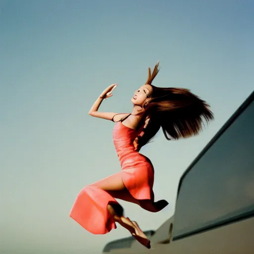 Image similar to A photo of Ariana Grande flying on a broom, Photographed with Leica Summilux-M 24 mm lens, ISO 100, f/8, Portra 400