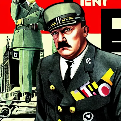 Image similar to adolf hitler in gta v, cover art by stephen bliss, boxart, loadscreen